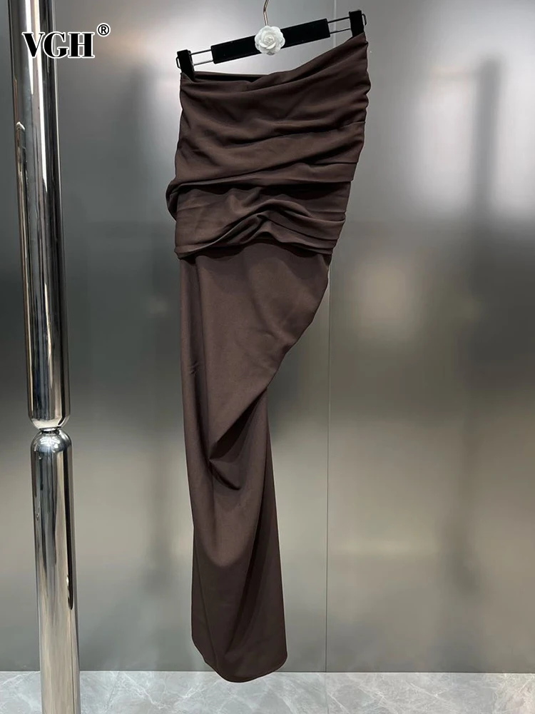 

VGH Minimalist Folds Solid Skirt For Women High Waist Bodycon Slimming Split Spliced Zipper Skirts Female Fashion Clothing Style