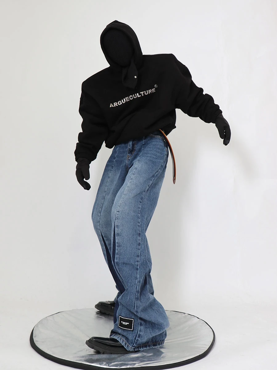 Four Seasons Stacked Men's Loose Jeans Heavy Work Trousers Label Design Casual Pants Streetwear Korean Men's Ins Hot Sale Denim