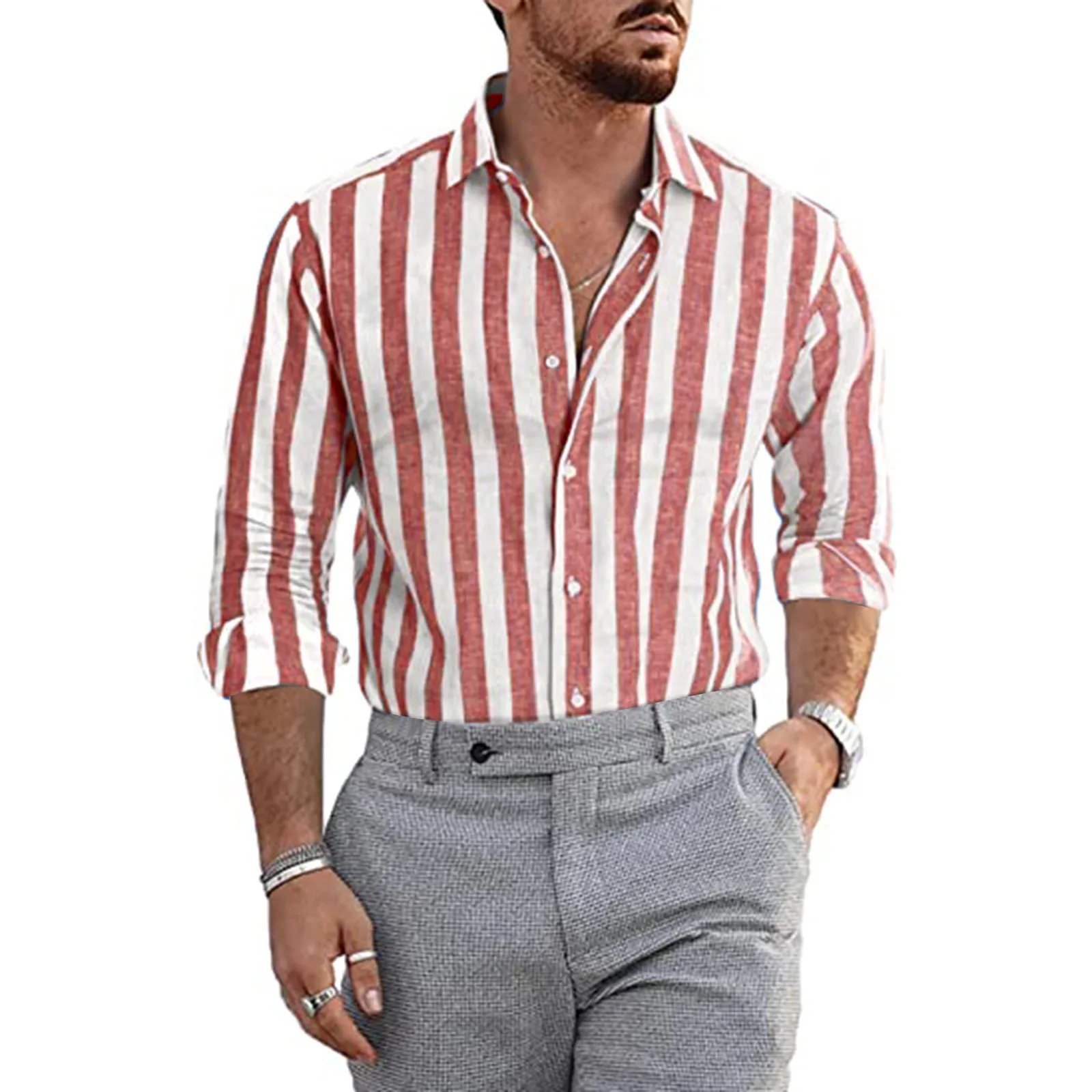 

Striped Mens Shirts Summer Casual Buckle Lapel Long Sleeve Shirt Top Autumn Streetwear Autumn Man Cloth Oversized Button Tees