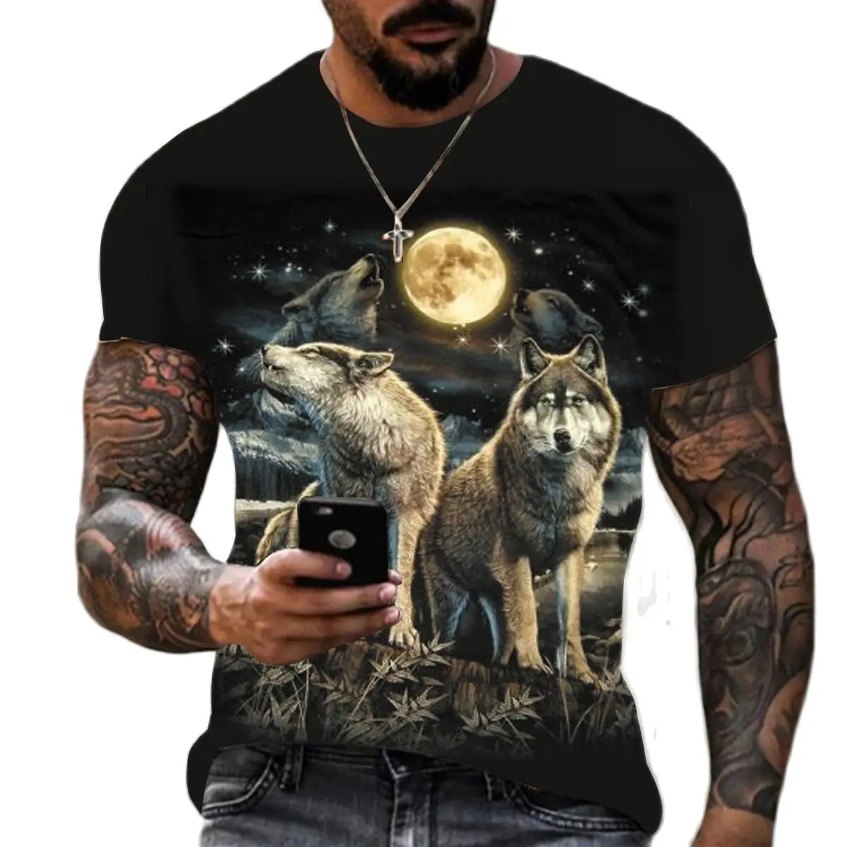 

2022 New Men's Tshirt Wolf 3d Casual Street Beach Printed Animal T-shirts Loose Vintage Short Sleeve Oversized Unisex Top Tees