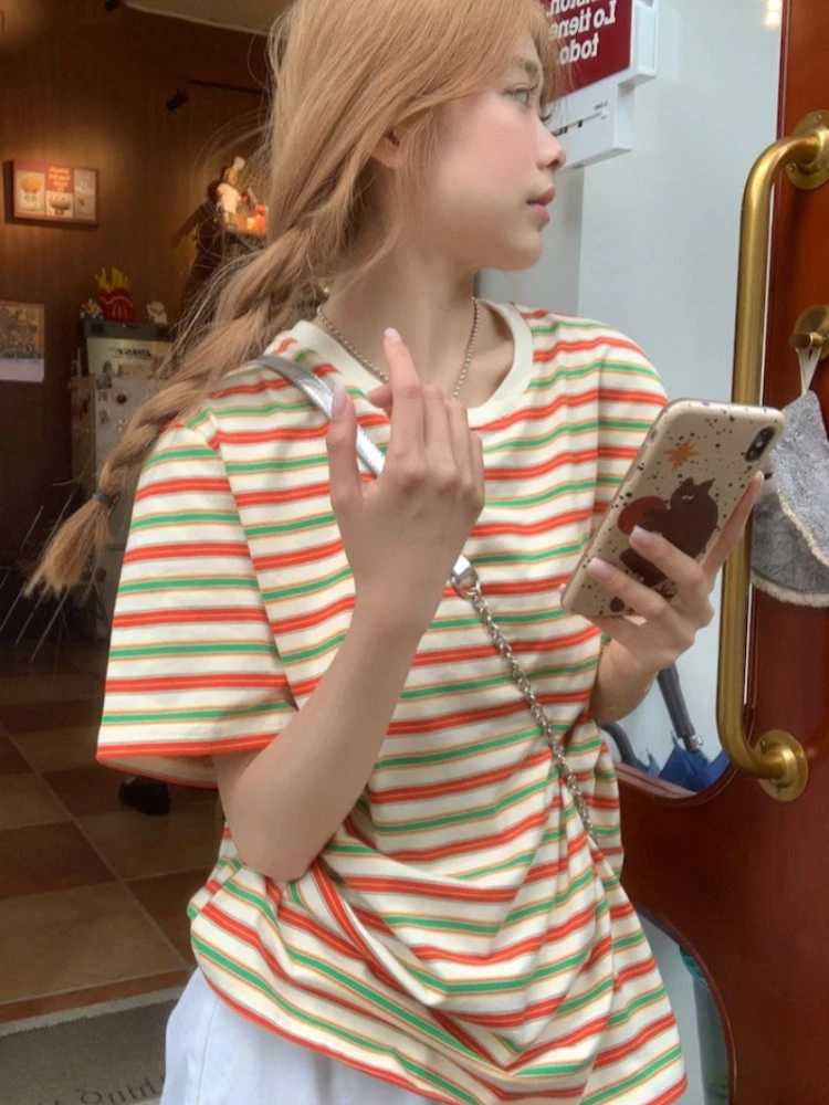 

2023 Summer Y2k Aesthetic Short Sleeve Contrast Color T-shirts Streetwear Sweet Loose Tops Women Fashion Casual Harajuku Tees