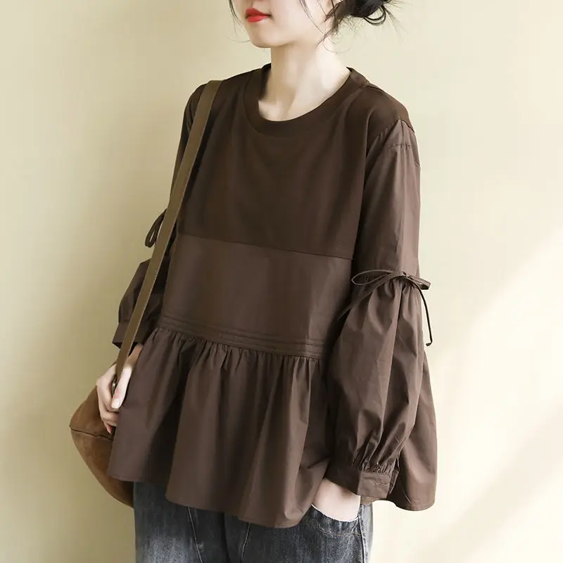 

Блузка женская со складками, Модный повседневный однотонный пуловер свободного покроя с рукавами-фонариками, на шнуровке, осень