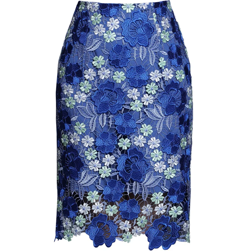 Autumn Vintage Blue Floral Embroidery Lace Bodycon Skirt Women Elegant High Waist Slim Party Faldas Female Casual Saias 2022 New