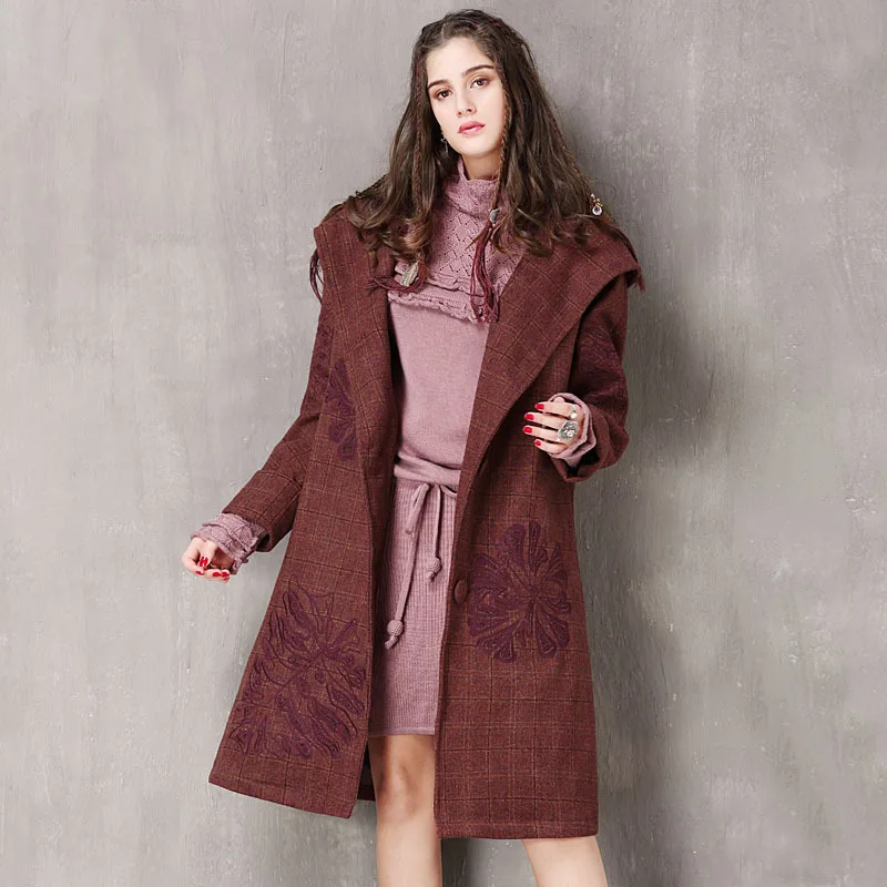 

New 2022 Winter Warm Women's Long Sleeve Lapel Printed Plaid Padded Retro Wool Coat