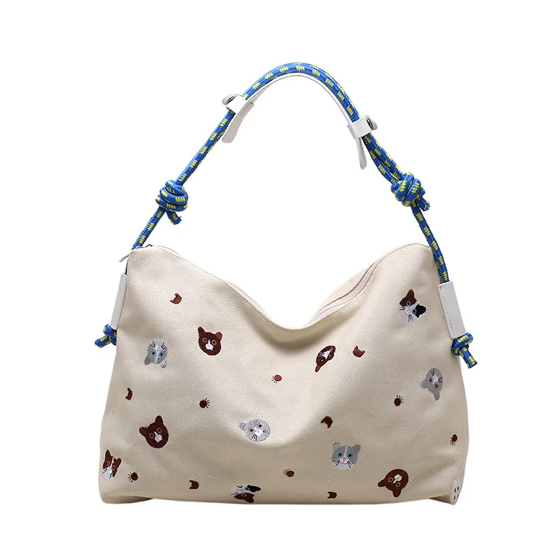

2598 Women's handbag Summer 2022 New High-grade Cartoon Embroidered Canvas Versatile Shoulder Bag