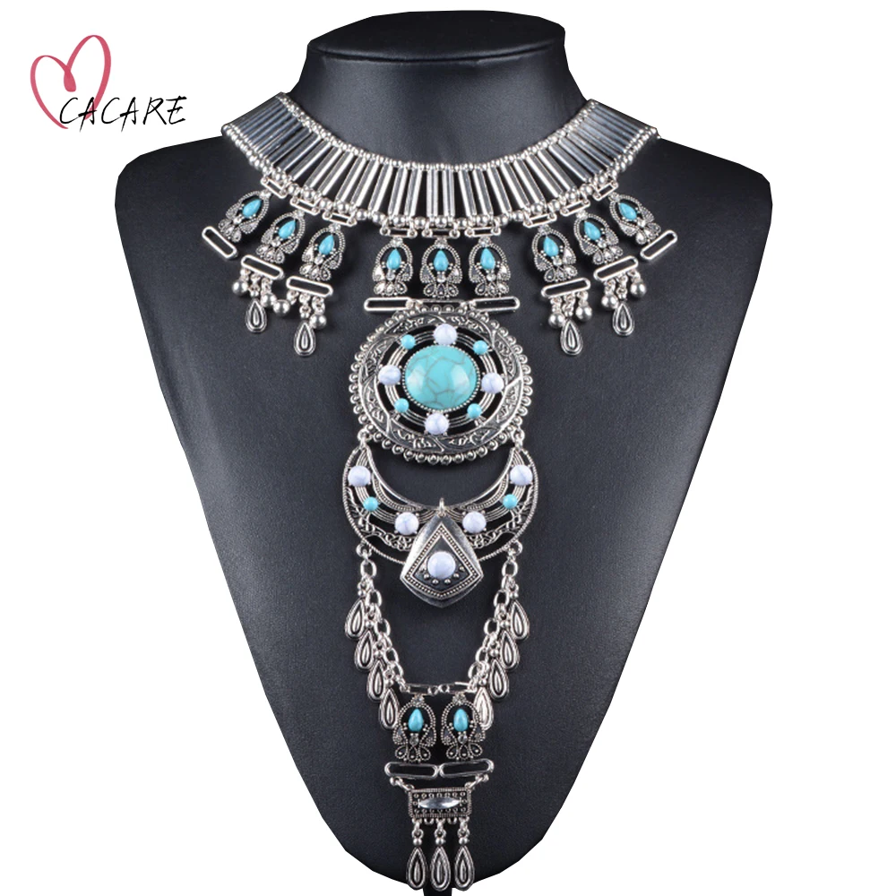 

Big Vintage Necklace Women Long Pendant Choker Collar Statement Female Palace Jewelry F1204 Metal with Turquoise Wholesale