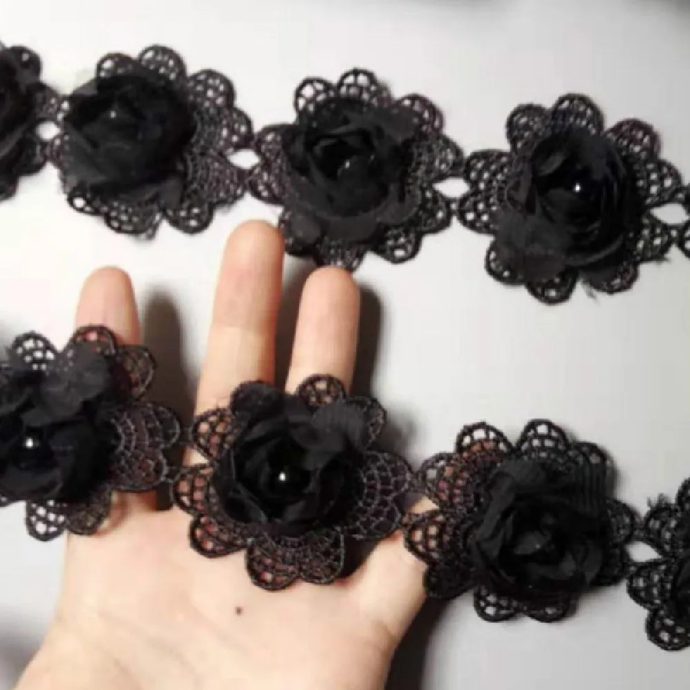10 шт./лот черный цвет 5x5 см жемчуг 3D цветок кисточка кружевная отделка лента ткань