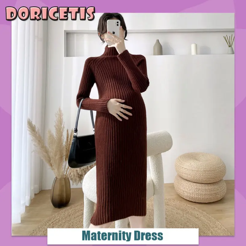 Maternity Dress Fashion Knitted High Neck Dress Loose and Thin Age-Reducing Fabric Soft Warm Skin-Friendly Maternity Skirt