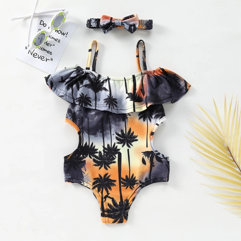 

2-7Y Toddler Baby Swimming Bodysuit + Hairband Coconut Tree Print Off Shoulder Sweet Summer Swimsuit Cute Beachwear Swimwear