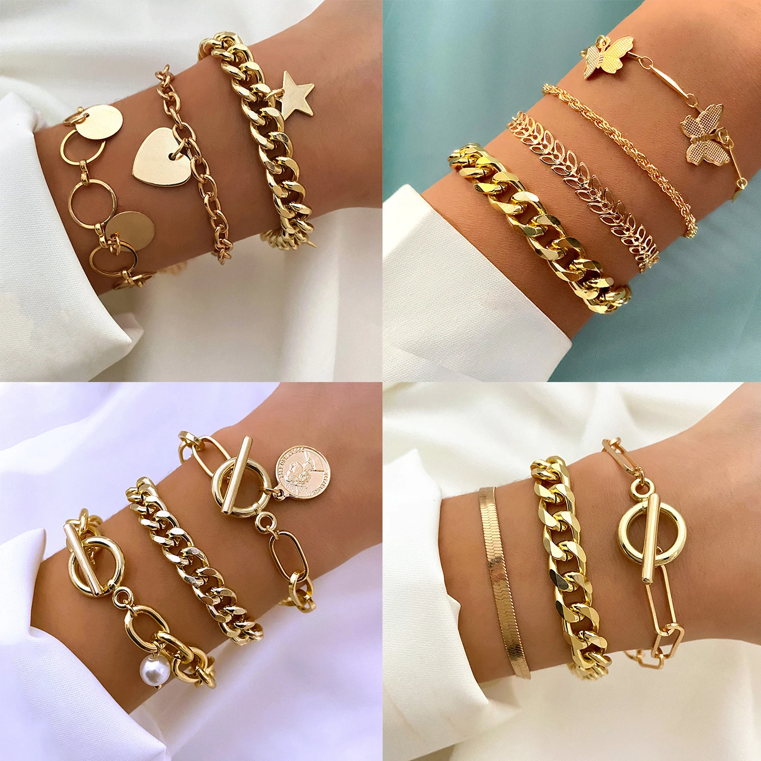 

Gold Star Butterfly Bracelets for Women Boho Jewelry Geometric Heart Pendant Layered Hand Chain Charm Punk Bracelet Set