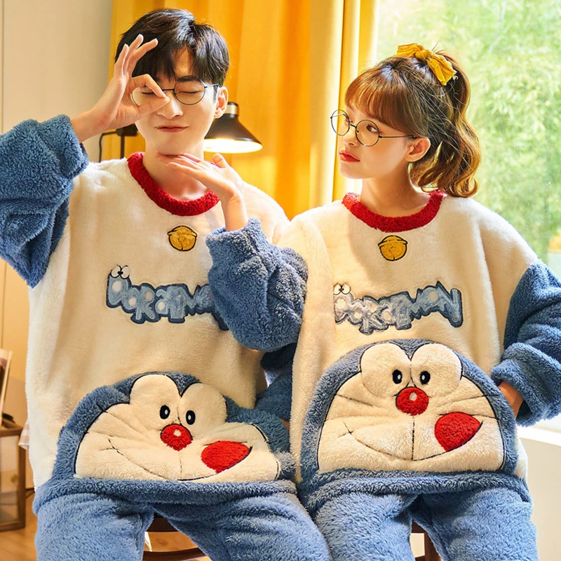 Winter Thicken Couples Pajamas Suit Women Men Cartoon Doraemon Pijamas Sets Sleepwear Soft Warm Korean  Pyjama  Femme Lovers Set