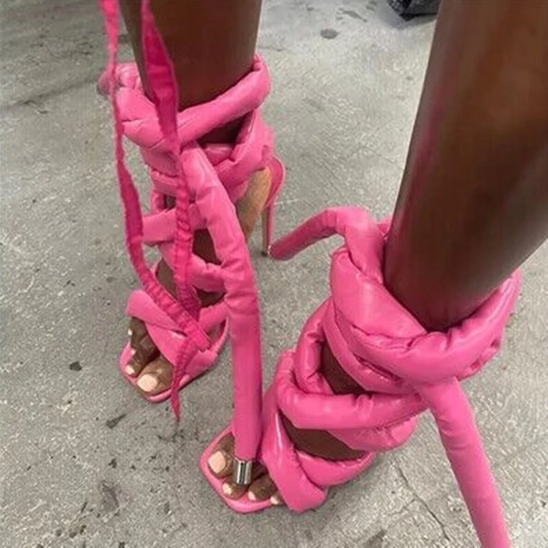 

Sporty Sponge Strap Wrap Lace Up Women New Gray Shiny Leather Sandals Square Toe Open Hollow Design Ankle Cover Heels Sexy Shoes