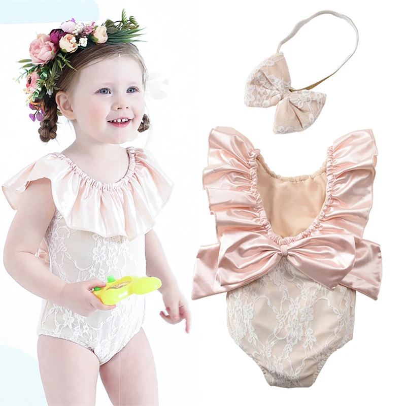 

2022 Children Cute Ruffles Swimwear With Headband 2pcs Kid Bow Backless Swimming Bodysuit Girl Beachwear