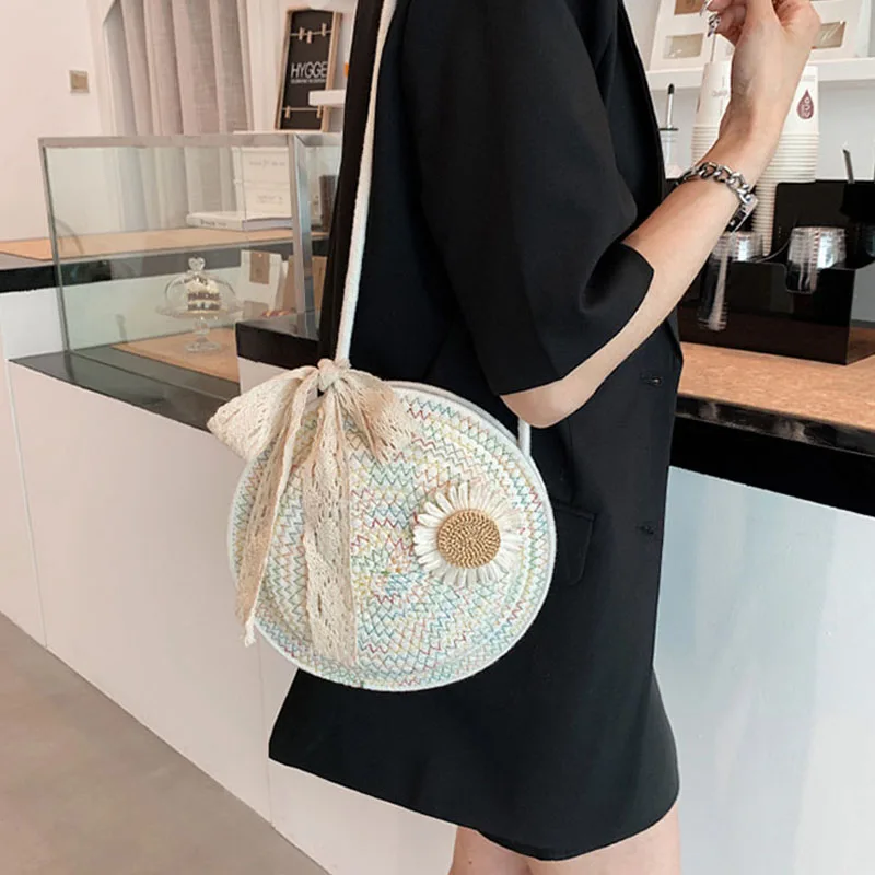 New Summer Women Bag Round Handbags Hand made High quality Crossbody Bags Luxury Women Shoulder Bag Lady Cotton linen Woven Bags