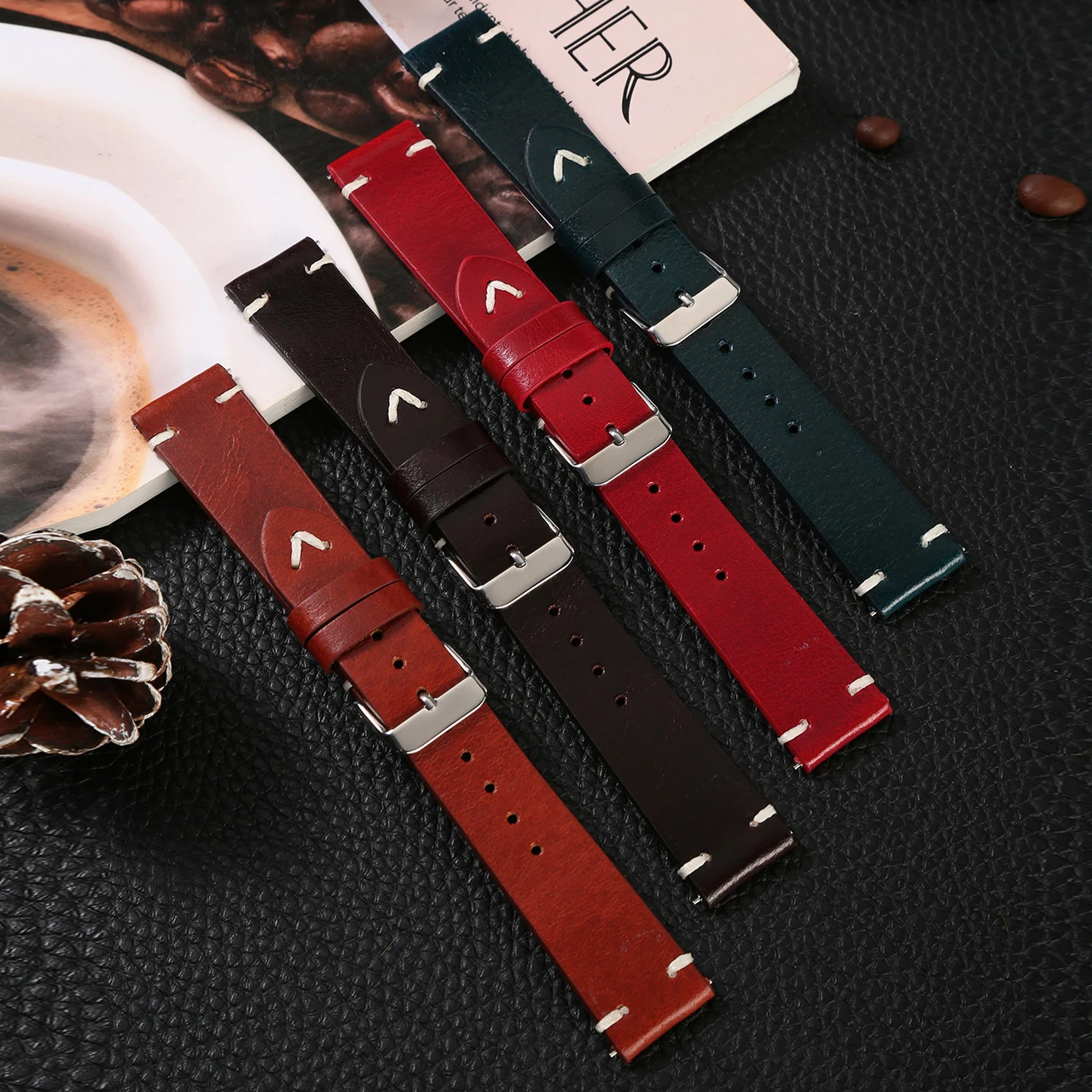 Correa de reloj hecha a mano de cuero genuino, correa de reloj con patrón de grietas, barra de liberación rápida, marrón, verde, Vintage, 20mm, 22mm