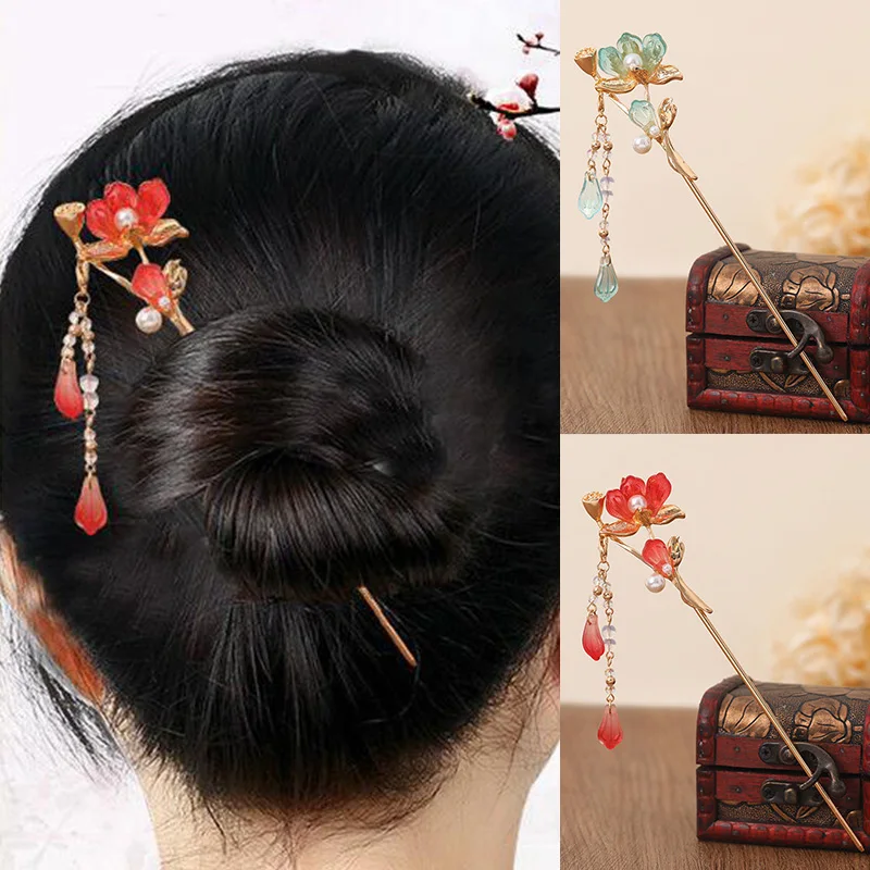 

Ancient Style Long Hairpin Vintage Lotus Flower Hair Clip Chinese Style Tassel Hanfu Hair Forks Chopstick Metal Hairpin Women