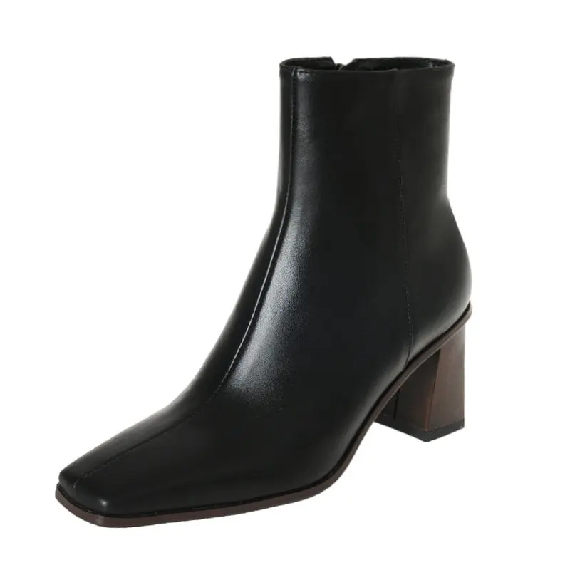 

Autumn Winter Women Ankle Boots Fashion Concise Thick High Heels Square Toe Genuine Leather Side Zipper Shoes Woman Casual