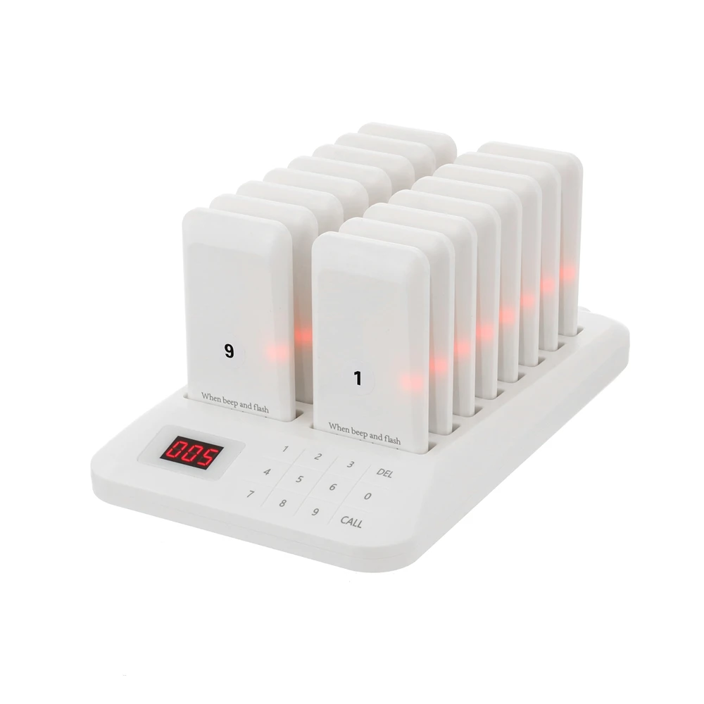

Wireless Paging Queue System 16 Coaster Receiver Vibration LED Flashing Calling System Buzzer Meal Taker for Restaurant Shop
