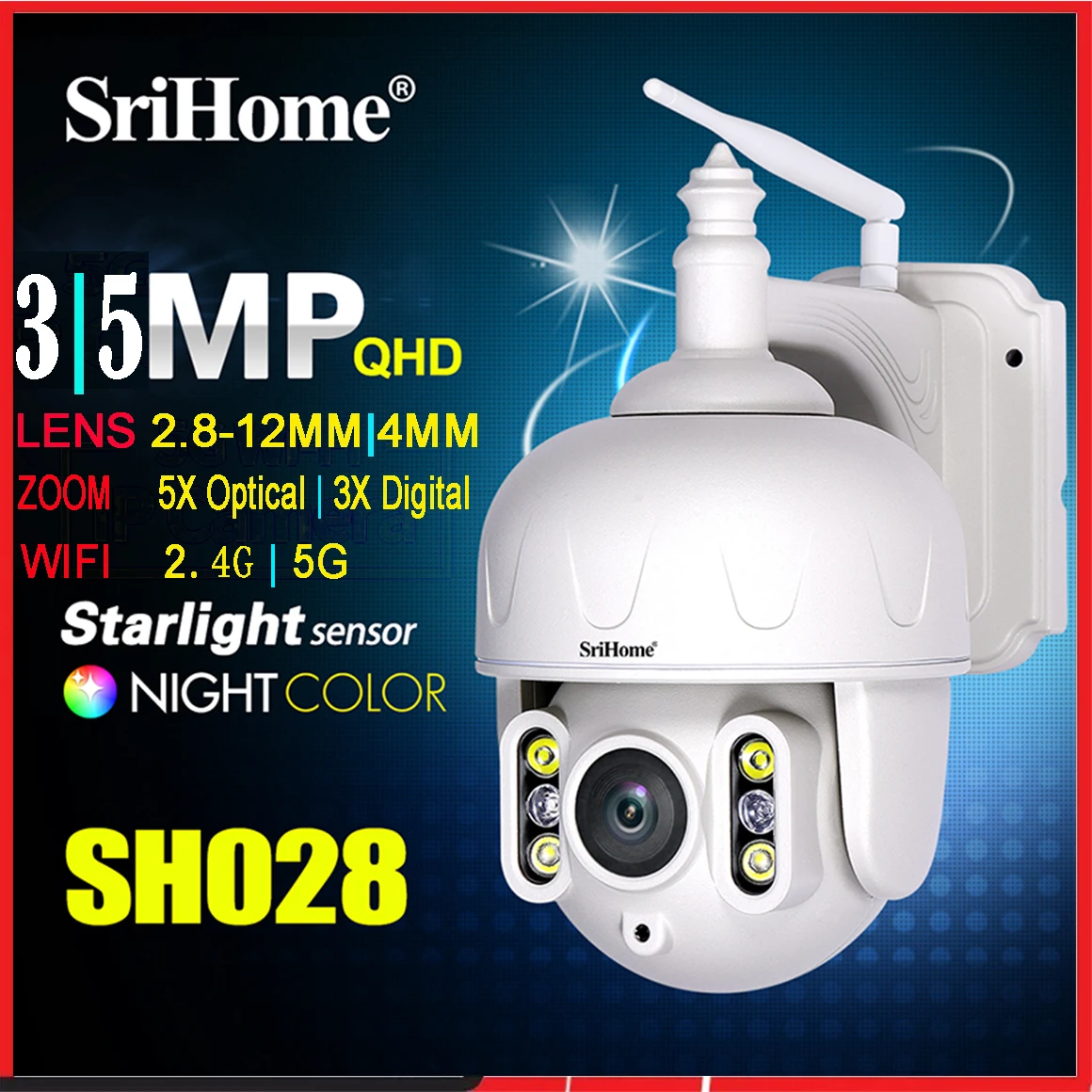 Pаспродажа Sricam SH028 3,0 360 МП 5-кратный оптический зум Wi-Fi наружная IP ° 2-сторонняя стандартная Цветовая беспроводная камера видеонаблюдения PTZ