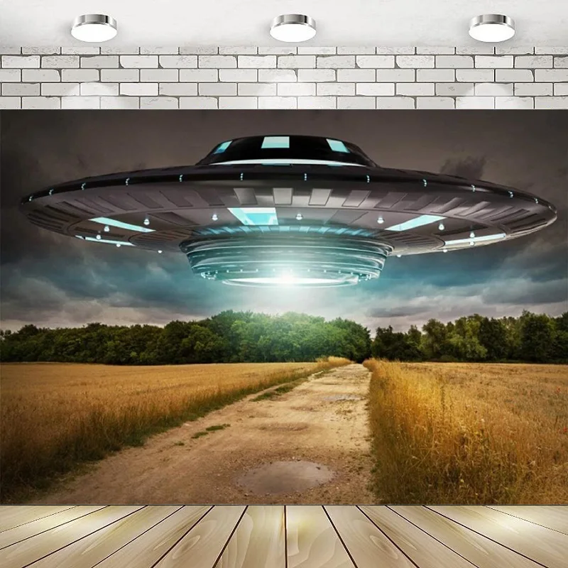 

UFO Planet Arrive Happy Birthday Party Photography Backdrop Space Creature Alien Travel Spacecraft Grunge Earth Background Dec