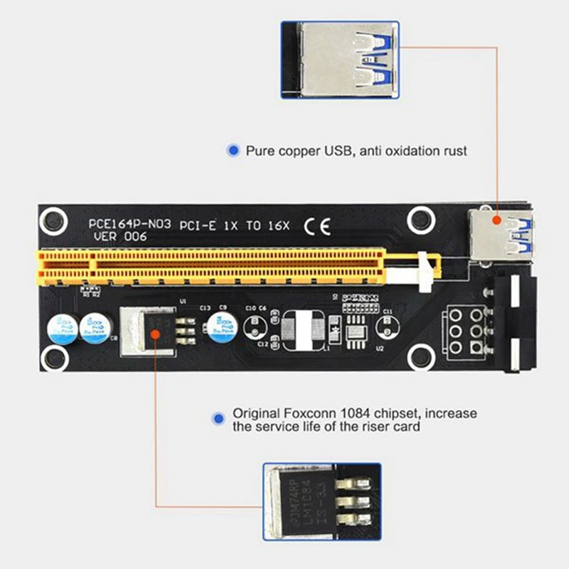 Райзер-карта VER006 PCI-E расширитель 1X до 16X 15 контактов SATA 100 см 60 USB 3 0