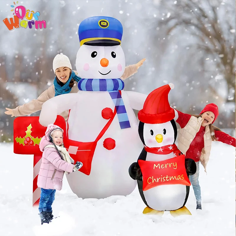 OurWarm 6FT New Christmas Outdoor Decoration Snowman Postman With Penguins Built-in LED Light For Home Holiday Party Yard Garden