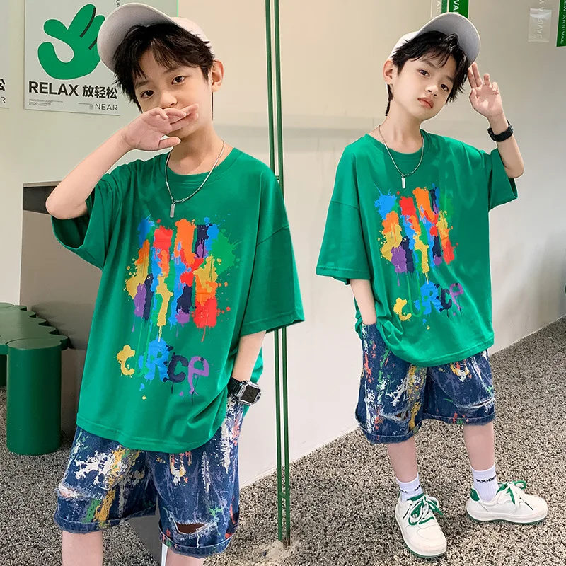 

Fashion Clothes Set Summer New Boys Clothes Printed T-Shirt Short Sleeves + Denim Shorts 2ps Baby Clothes Boy Outfit Casual Wear