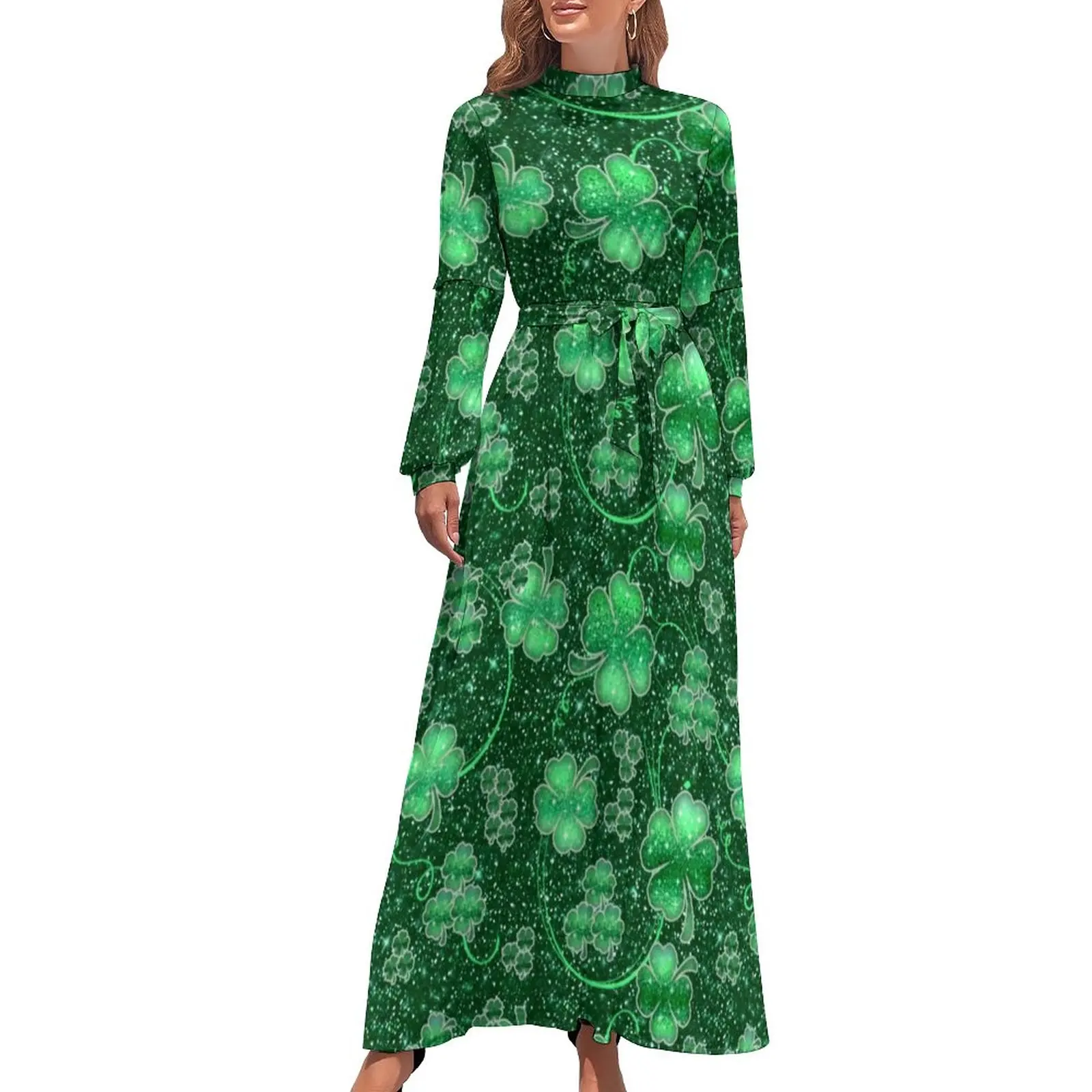 

Glittering Shamrock Dress High Neck Abstract Leaves Print Beach Dresses Long Sleeve Aesthetic Long Maxi Dress Kawaii Clothing