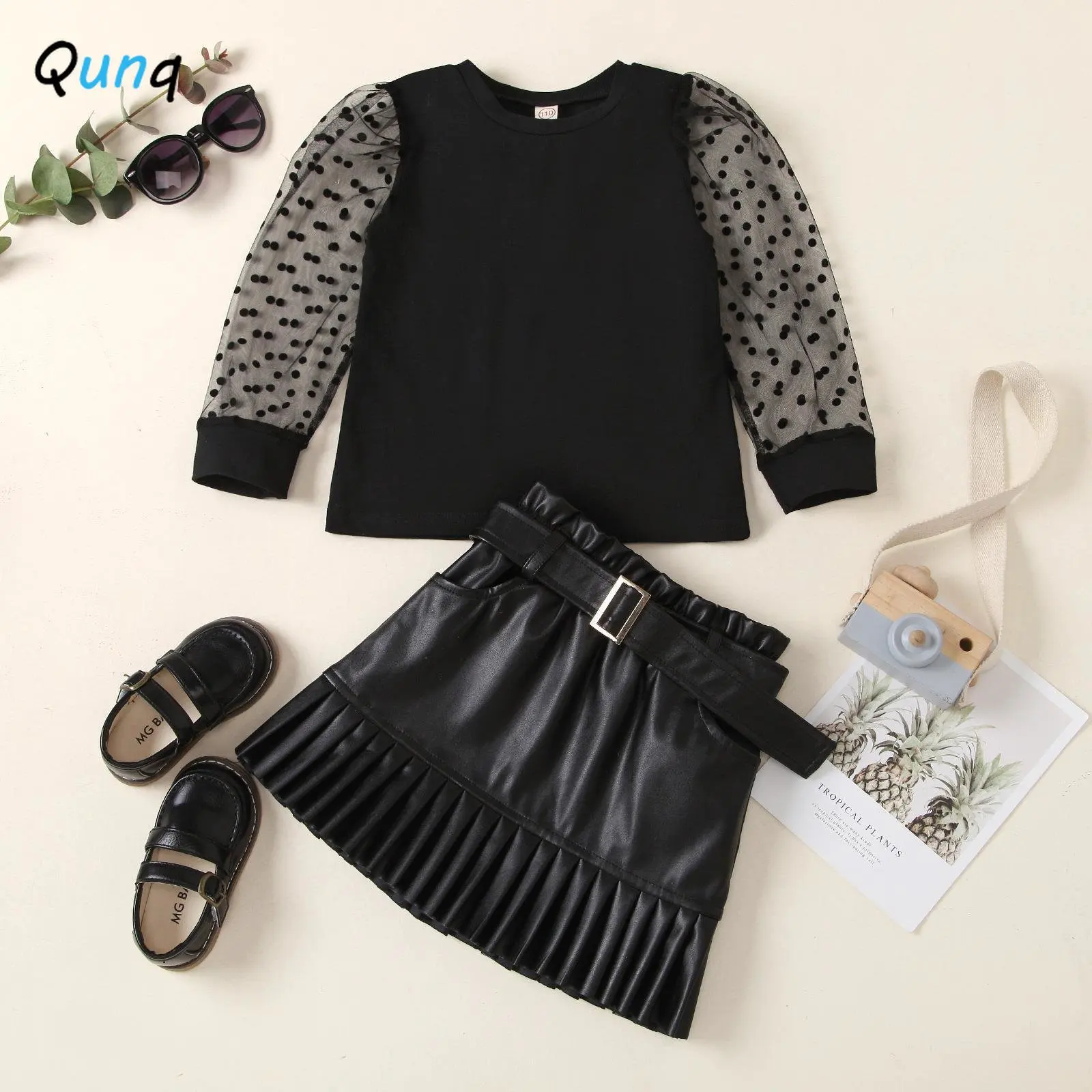 

Qunq Autumn Girls Knit Splice Flocking Long Sleeve Top+Pleated Leather Skirt And Belt 2 Pieces Set Casual Kids Clouthes Age3T-8T