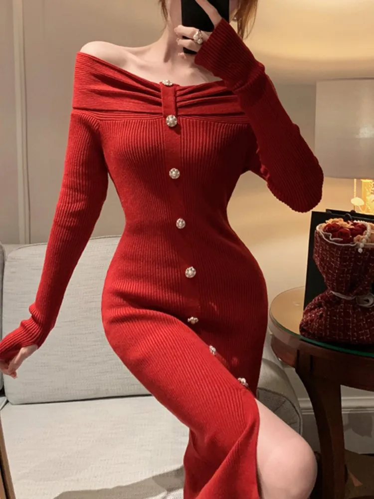 

Elegant Knitted Solid Midi Dress Women New Autumn Winter Ribbed Bodycon Sweater Dresses Female Casual Fashion Robe Clothes
