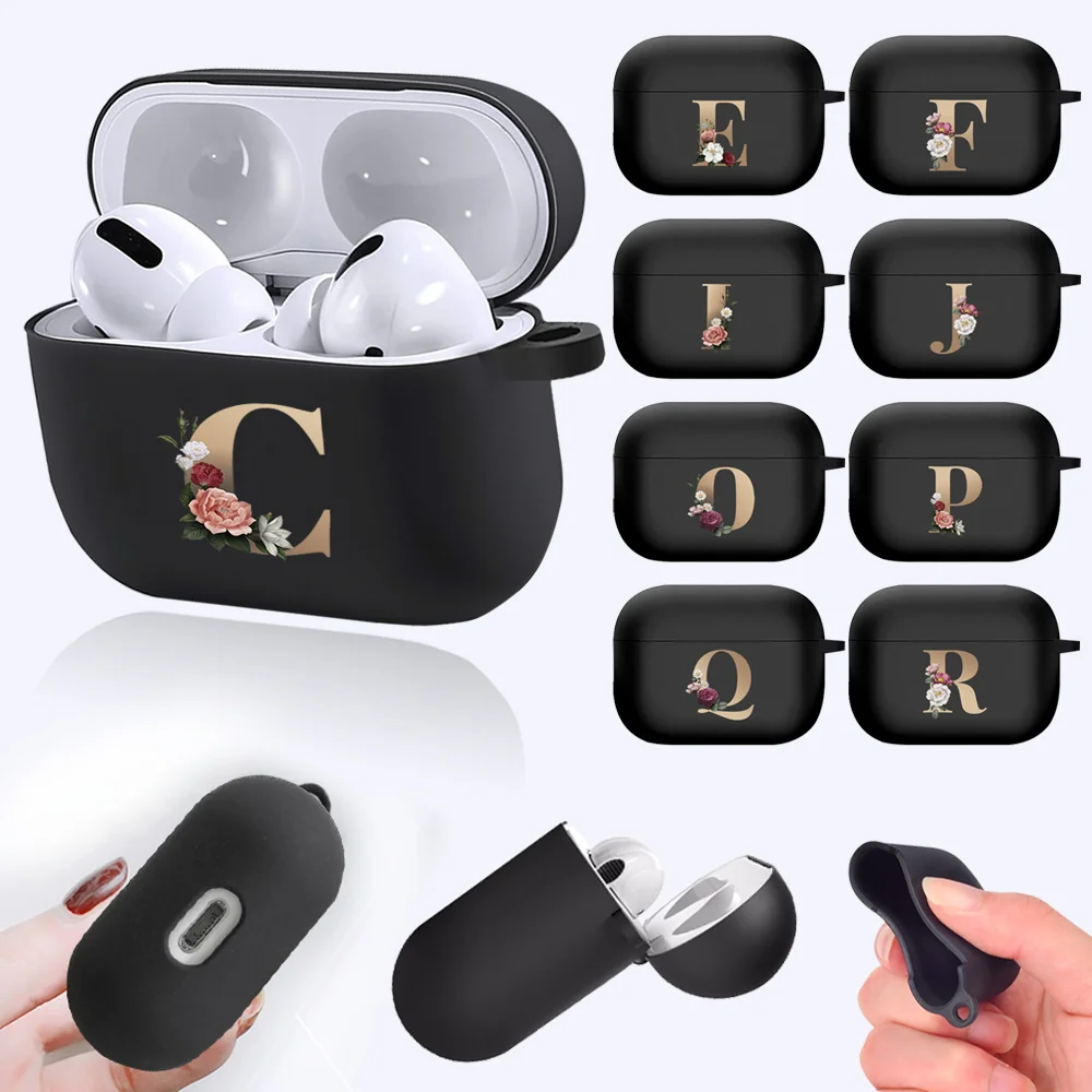 

Earphone Cases for Apple AirPods Pro Cute Floral Gold Initial Letter Pattern Black Silicone Wireless Bluetooth Cover A2084 A2083