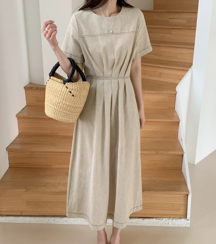 Open Line Dress Women South korea Retro round Neck Pleat Slingback Waist Hugging Slimming Elegant All-Match Short sleeve A- l...