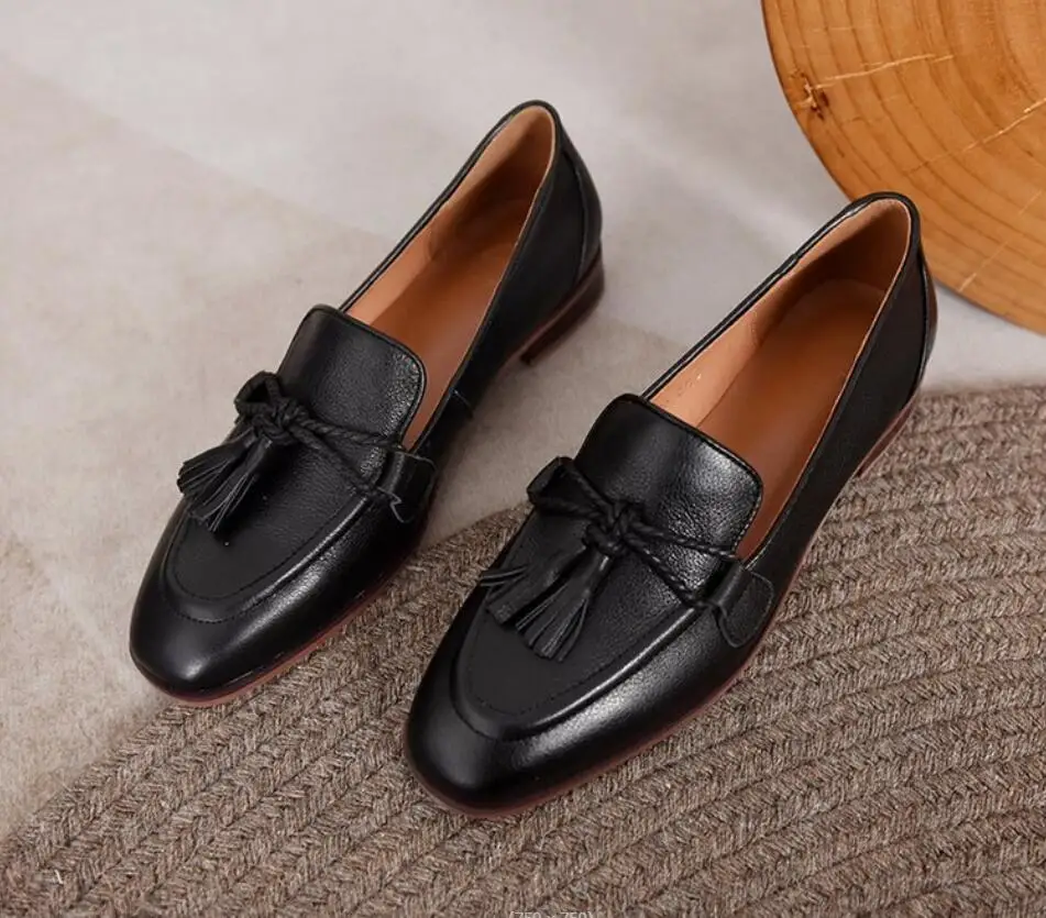 New Retro Black Style Square Head Women's Loafers Shoes Summer Fashion Style Tassel Comfortable Single Shoes Women Brown Shoes