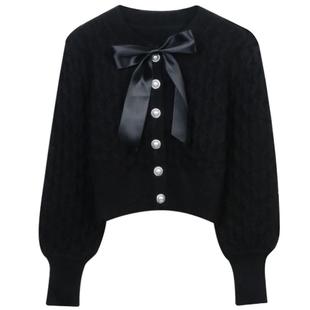 

Chic Bow Sweater Cardigans Women Coat Autumn Winter Hollow Out Pullovers Crop Tops Pearl Button Knitted Jumper Female Pull Y2K