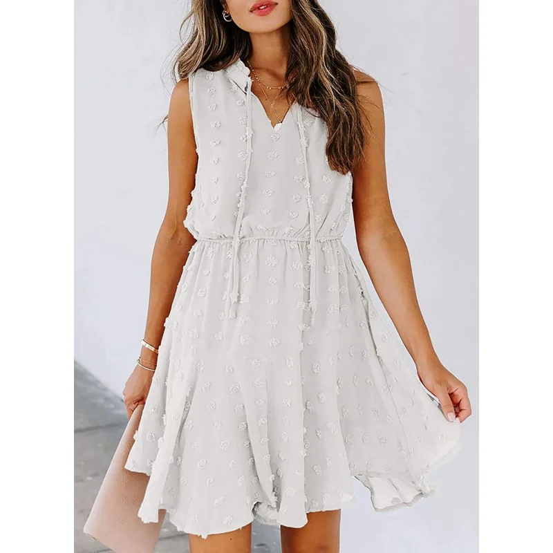 

European and American Summer Women's Clothing Hollowed Fashion Solid Color Dot Dress Lace-up Waist-Controlled Slimming Breathabl