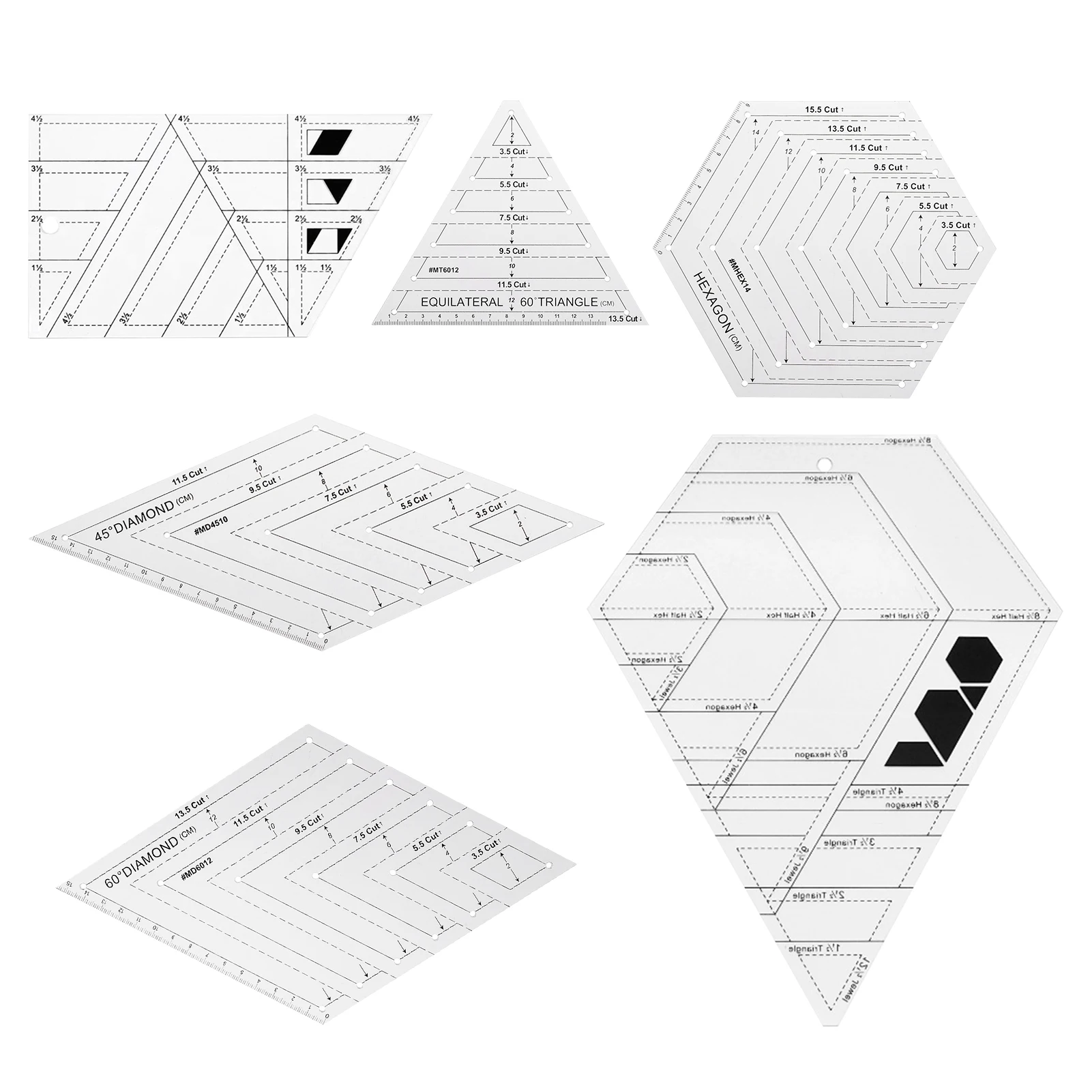 

6pcs Patchwork Triangle Template Craft Hexagon Diamond Shape Trapezoid Transparent Tailor DIY Sewing Quilting Ruler Set