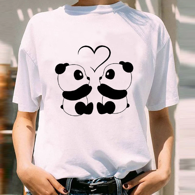 

Women Graphic Spring Summer Love Valentine Panda Cartoon Animal Short Sleeve Lady Print Wear Vacation Tops Tees Tshirt T-Shirt