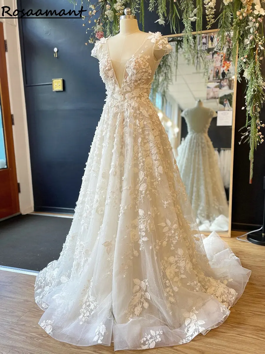 

Real Image Illusion V-Neck Cap Sleeve Wedding Dresses A-Line Backless 3D Flowers Appliques Lace Boho Country Bridal Gowns