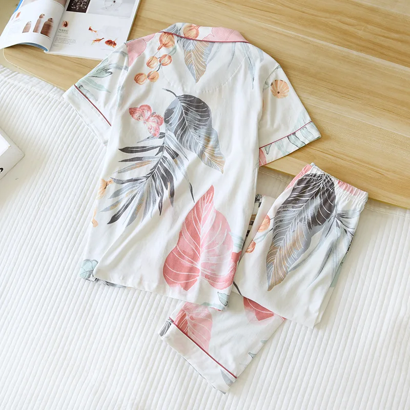 Spring and Summer New Ladies Pajamas Two-piece Knitted Pure Cotton Home Wear Thin Short-sleeved Trousers Cardigan Pyjamas Women