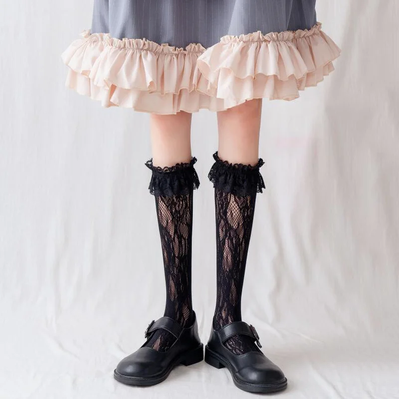 Lolita Socks Cute Black White Lace Fishnet Socks Pile Pile Knee Socks Sweet Women Girls Ladies Cosplay Costumes Accessories