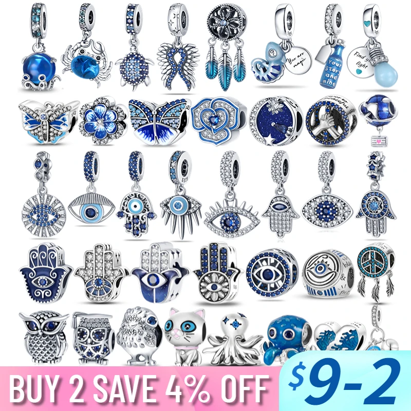

Charms Plata Of Ley 925 Color Blue Chameleon Charm Demon Eyes Fatima Hand Pansy Charms Fit For Pandora's Bracelet DIY Bead Make