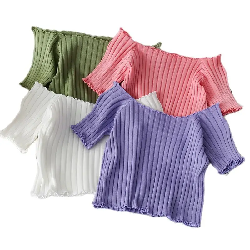 

New 2021 Summer Ladies Off Shoulder T Shirt Knit Cropped T Shirt Striped Frill Hem Cotton Short Sleeve T Shirt Women