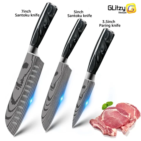 Кухонный нож, японский шеф-повар из дамасской стали 7CR17 440C, лазерный, из нержавеющей стали, для мяса, мясника сантоку