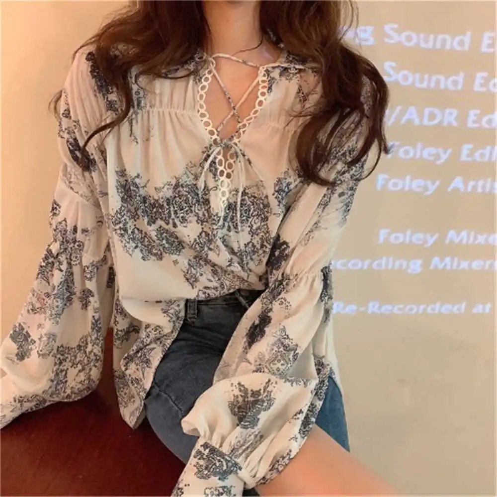 

Женская винтажная блузка, романтичная рубашка с длинным рукавом и принтом из бисера, кружевная рубашка с маленьким воротником-стойкой, женс...