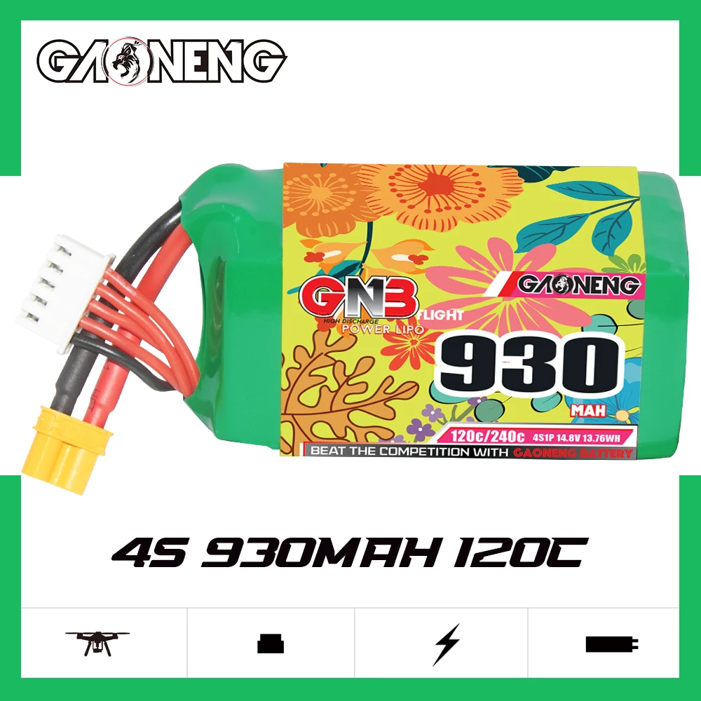 

GAONENG GNB 930mAh 4S1P 14.8V 120C/240C Lipo Battery With XT30 XT60 Plug For FPV Racing Drone RC Quadcopter Helicopter Parts