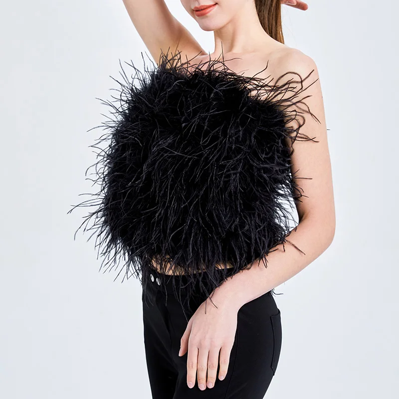 

Furry Crop Top Camis Women Ostrich Feather Bustier Tank Tunic Vest Sleeveless Bra Night Club Party Female Tube Cropped Tops Wrap