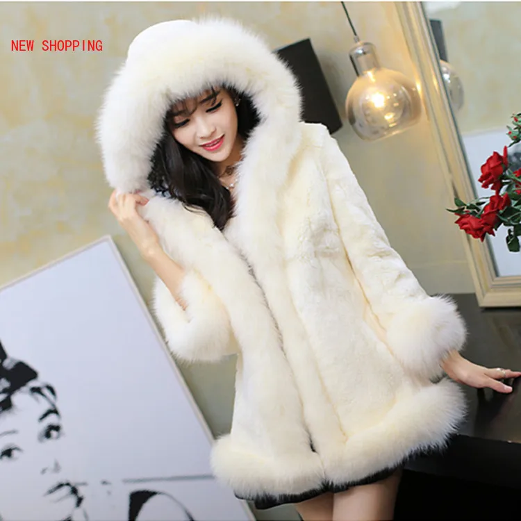 Autumn Winter Hooded Fur Coat Women Luxurious Elegant Casual Fur Jacket Fashion Womens Middle Long Rabbit Hair Collar Warm Coats