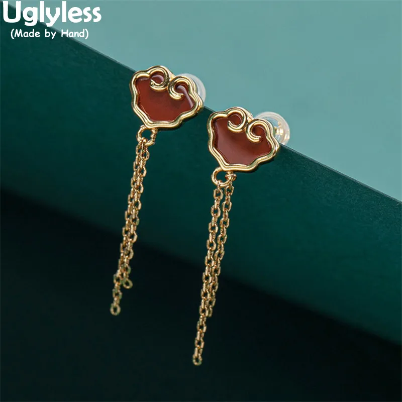 

Uglyless Abstract Heart-shape Jade Agate Earrings for Women Exotic Long Chains Tassels Studs Earrings Gold 925 Silver Brincos