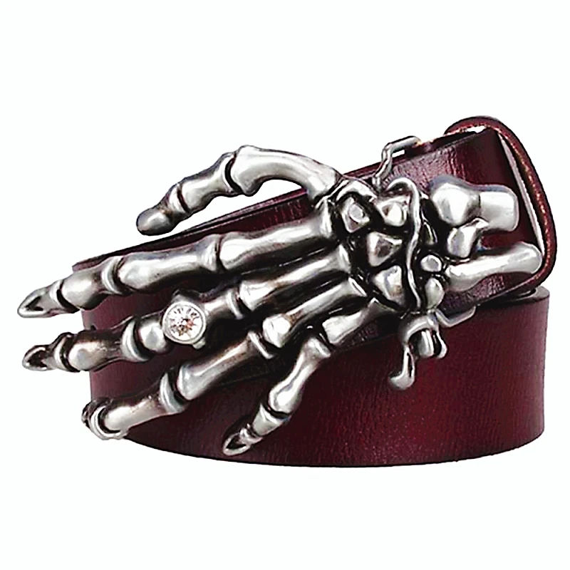 Skull Hand Buckle Inlay Diamond Cowskin Leather Belt Fashion Hip Hop Style Perform Accessories