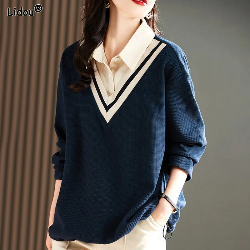 

Women's Clothing 2022 Solid Loose Turn-down Collar Button Patchwork Autumn Winter Thick Striped Preppy Style Casual Comfortable